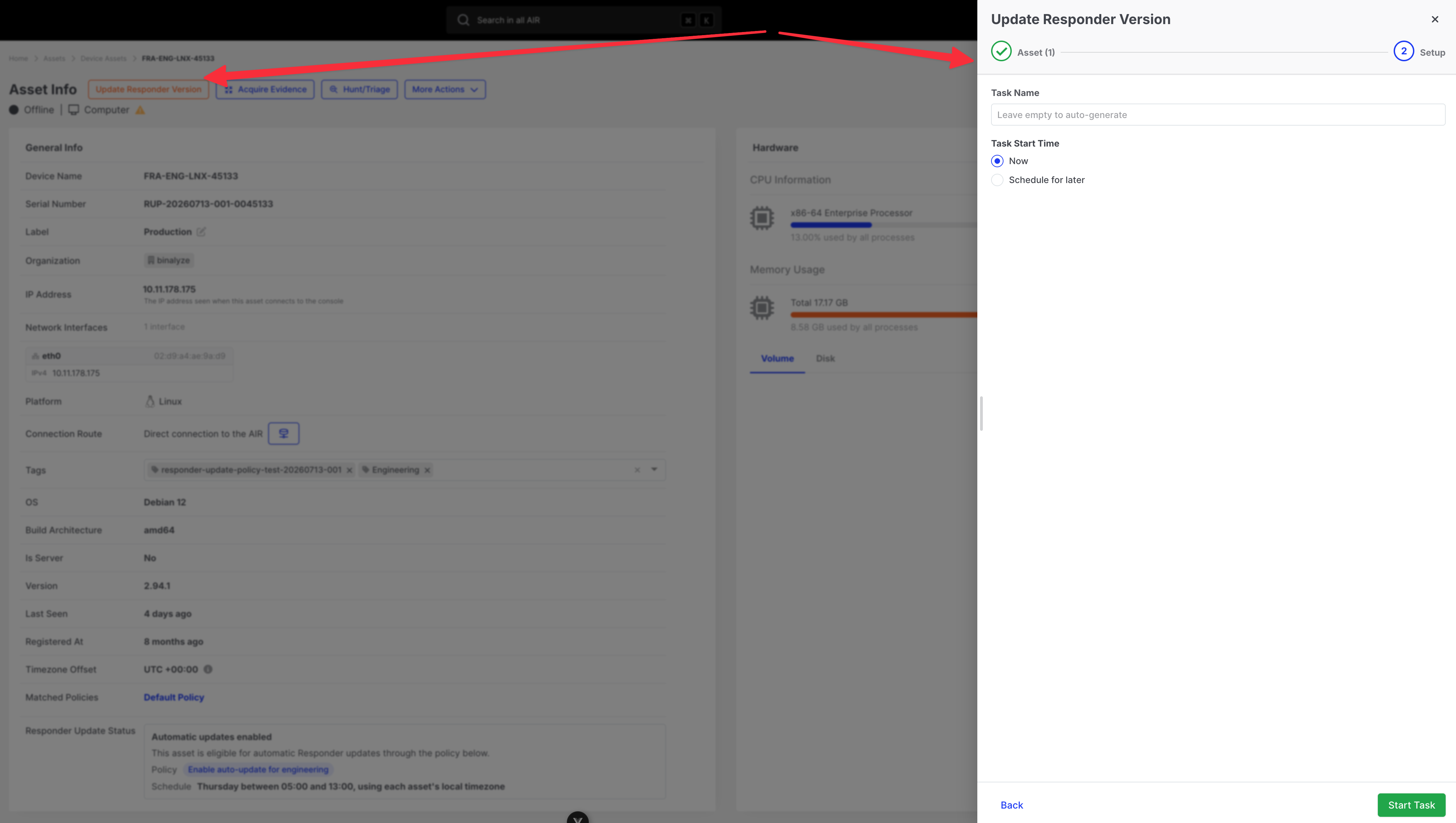 How do I update Responders on assets: Update Responder Version drawer Setup step